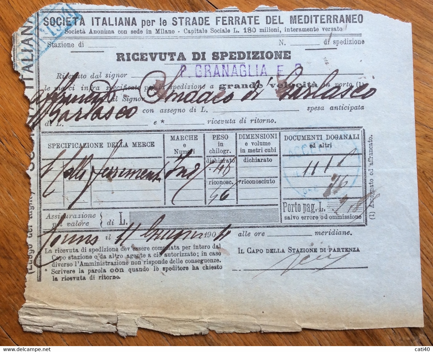 STRADE FERRATE DEL MEDITERRANEO - RICEVUTA SPEDIZIONE DA TORINO A GARLASCO IN DATA 11 GIUGNO 1904 - Europe