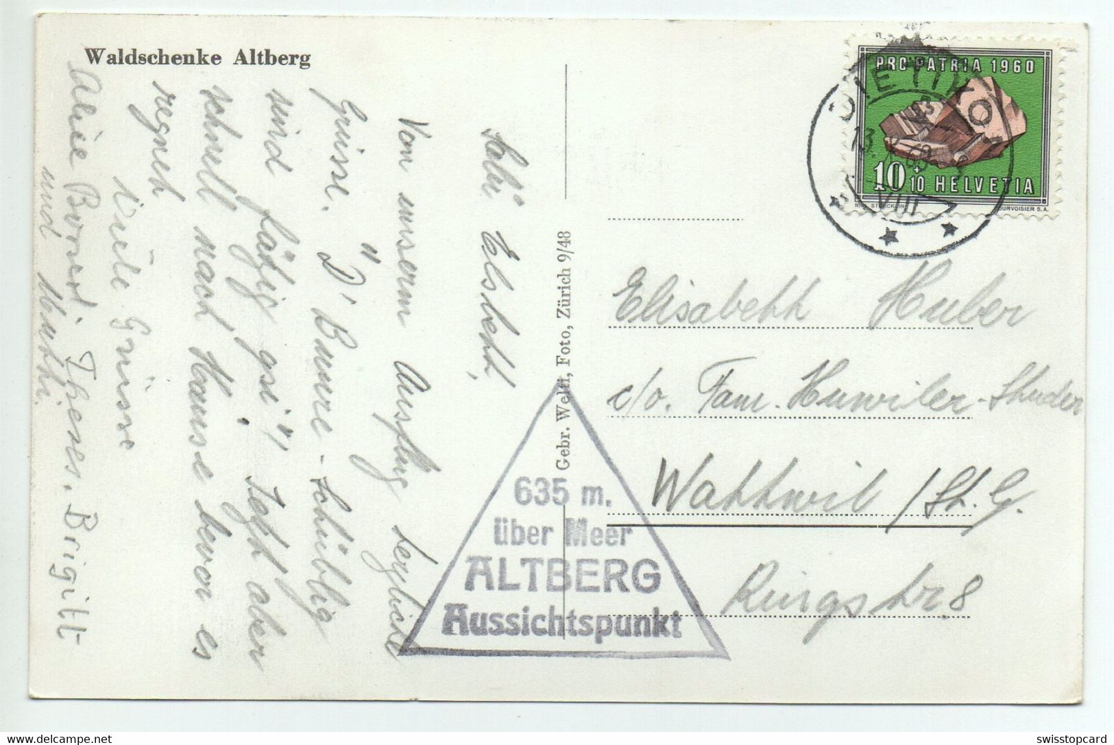 DÄNIKON ZH Waldschenke Altberg Gel. 1960 V. Dietikon N. Wattwil Stempel Altberg - Dietikon