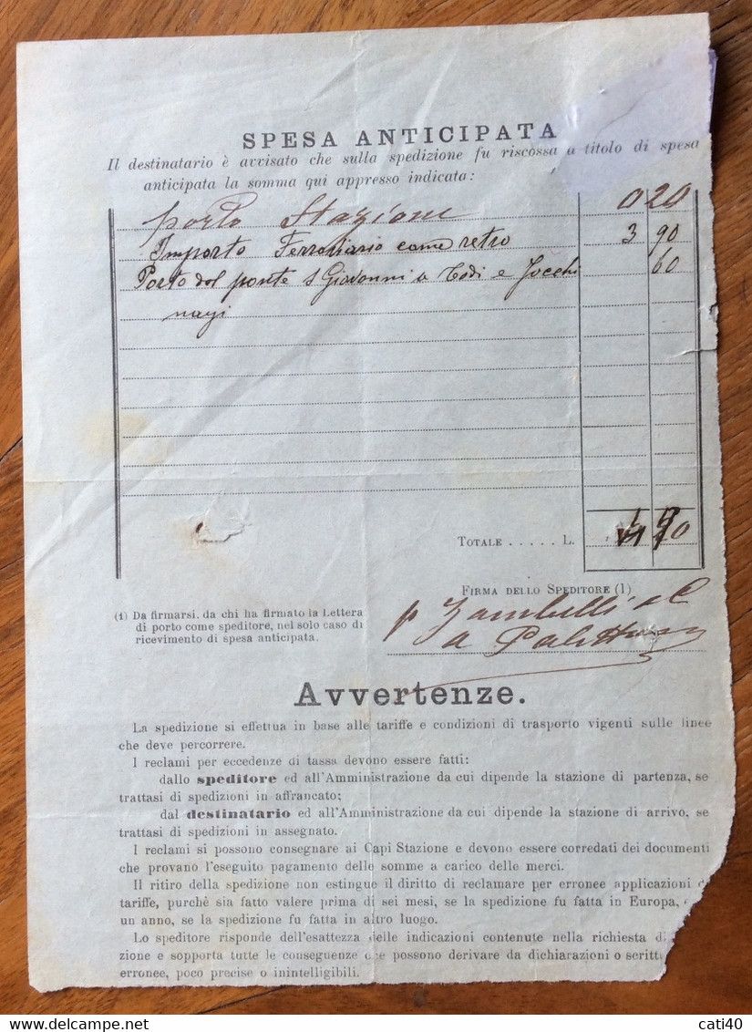 STRADE FERRATE DEL MEDITERRANEO -BOLLETTINO DI CONSEGNA CASSA STRUMENTI DI FISICA PER TODI IL 5 FEBBRAIO 1897 - Europa