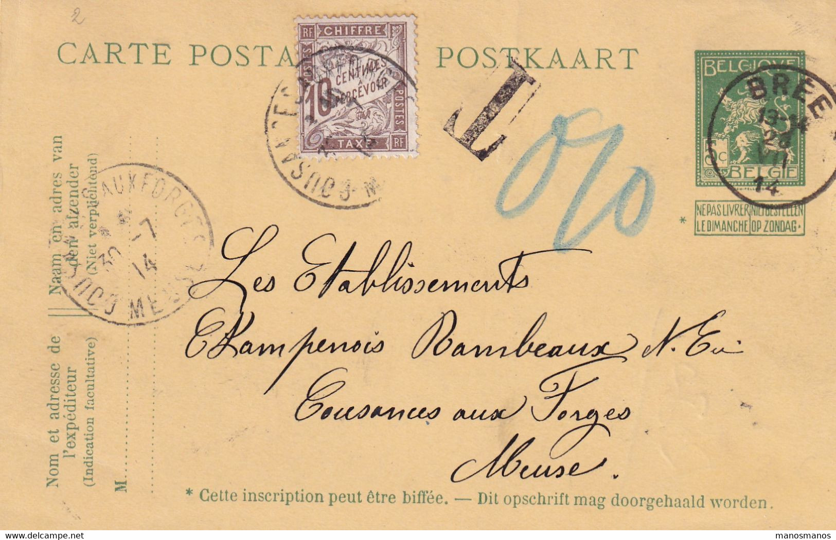 DDY 408 -- TAXE En FRANCE - Entier Postal 5 C Pellens BREE 1914 - Timbre-Taxe 10 C COUSANCES Aux FORGES , Meuse. - Cartoline 1909-1934