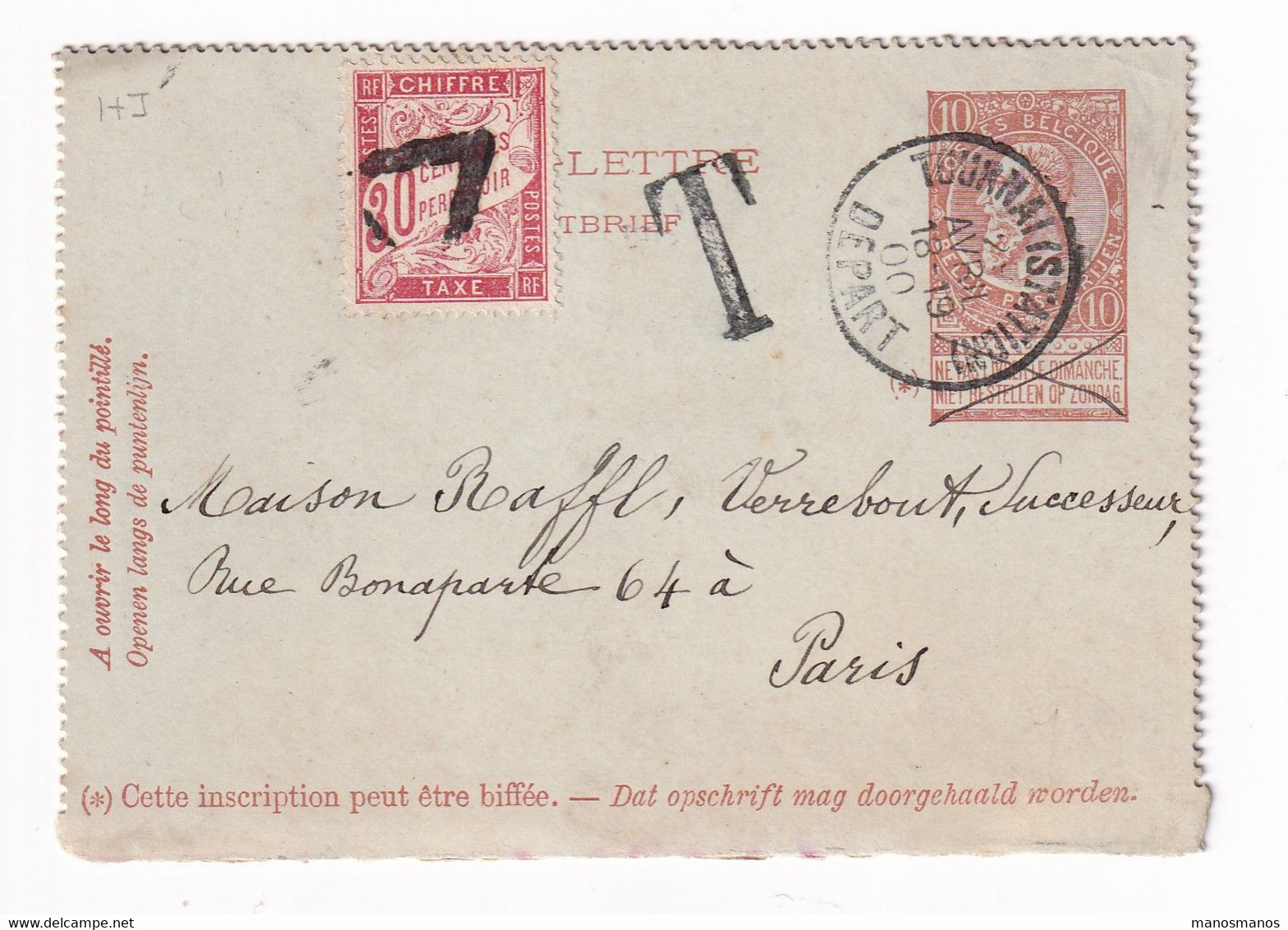 DDY 409 -- TAXE En FRANCE - Carte-Lettre Fine Barbe 10 C TOURNAI 1900 Vers PARIS - Timbre-Taxe 30 C Annulé Triangle - Carte-Lettere