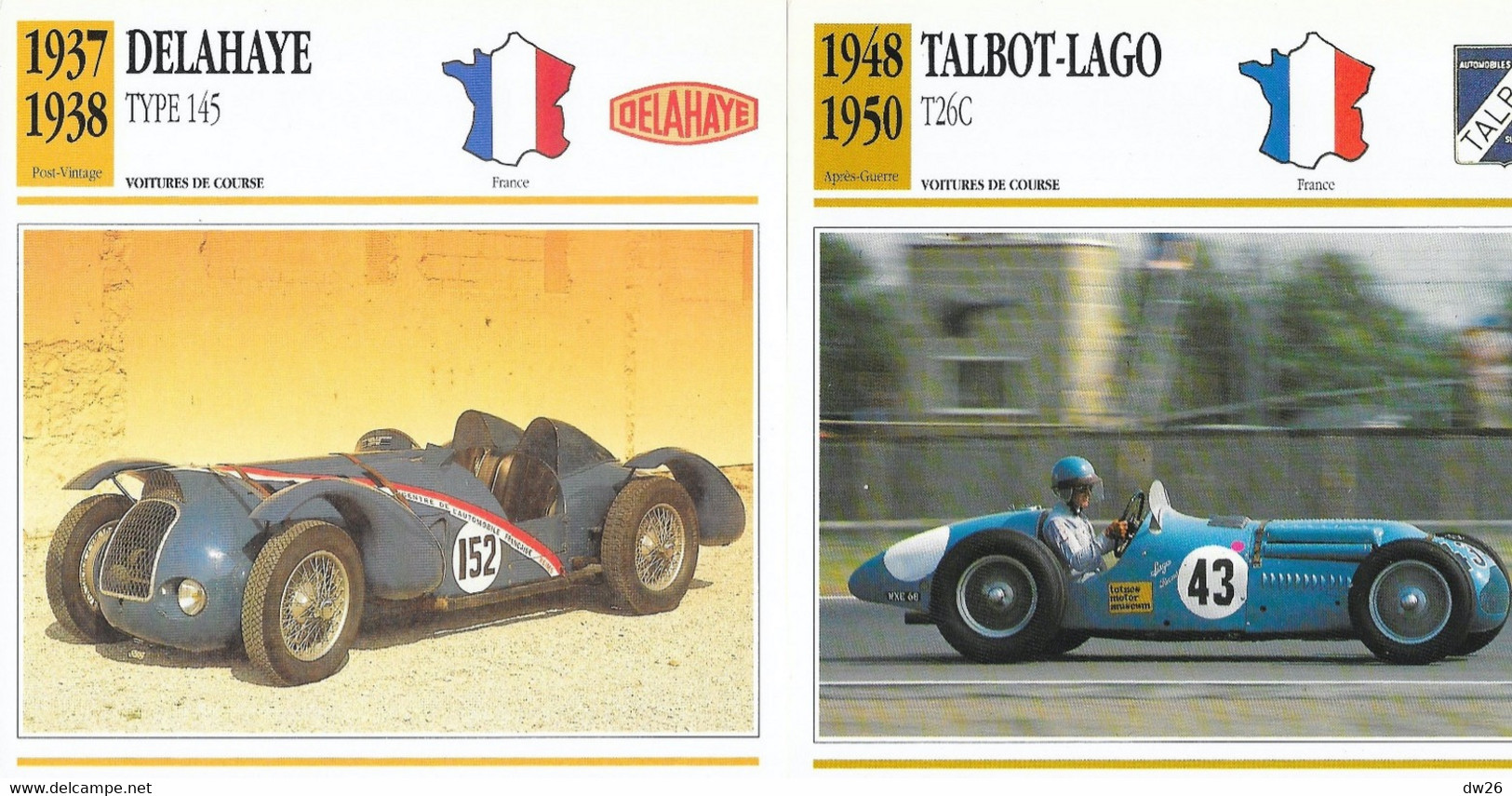 Fiche Voitures De Course Et Sport Vintage Et Après Guerre (Bentley, Delahaye, Talbot-Lago) Lot De 3 Fiches - Cars