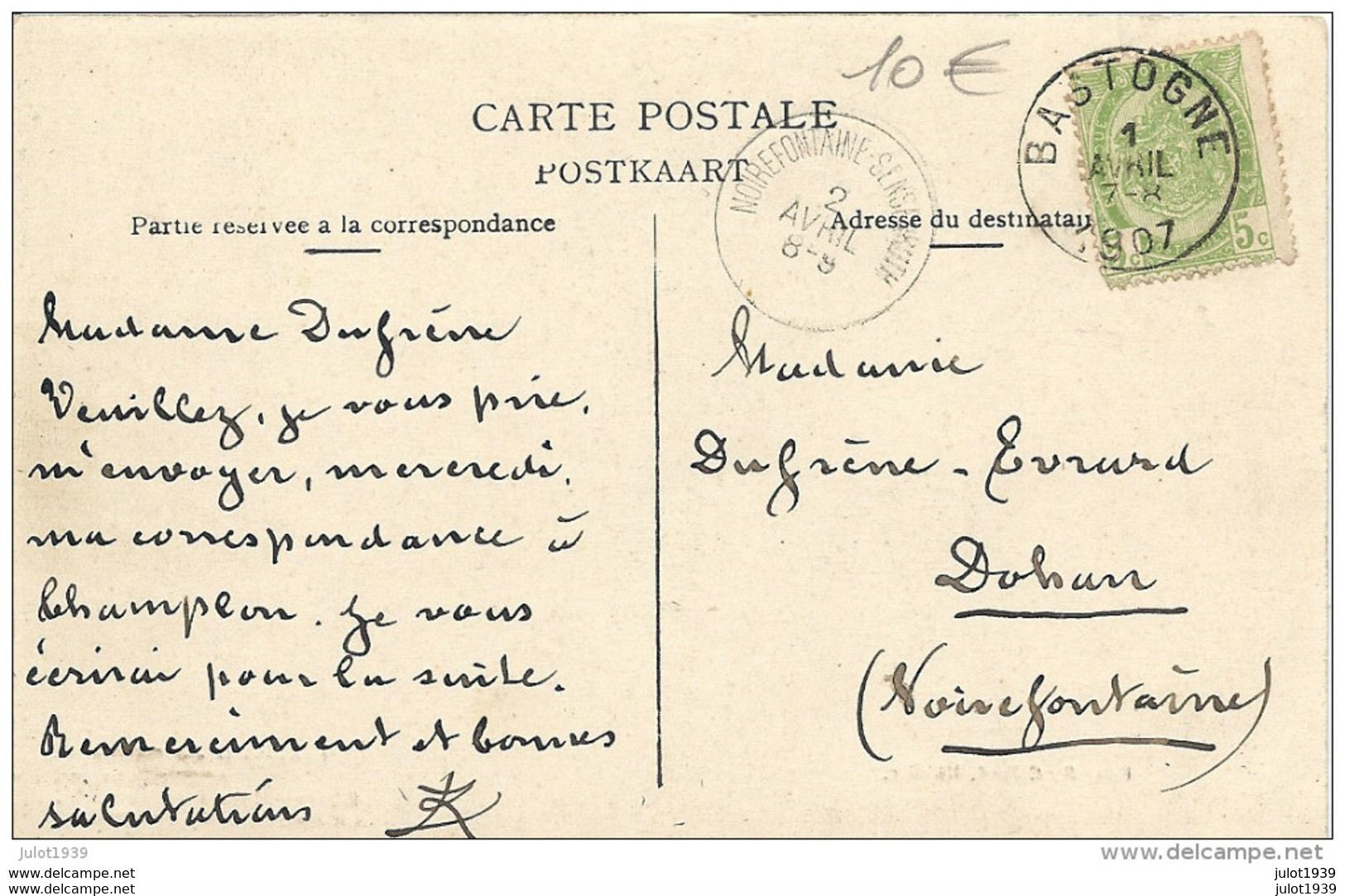 LAVACHERIE ..-- Source Ferrugineuse . 1907 Vers DOHAN ( Mme DUFRENE - EVRARD ) . Voir Verso . - Sainte-Ode