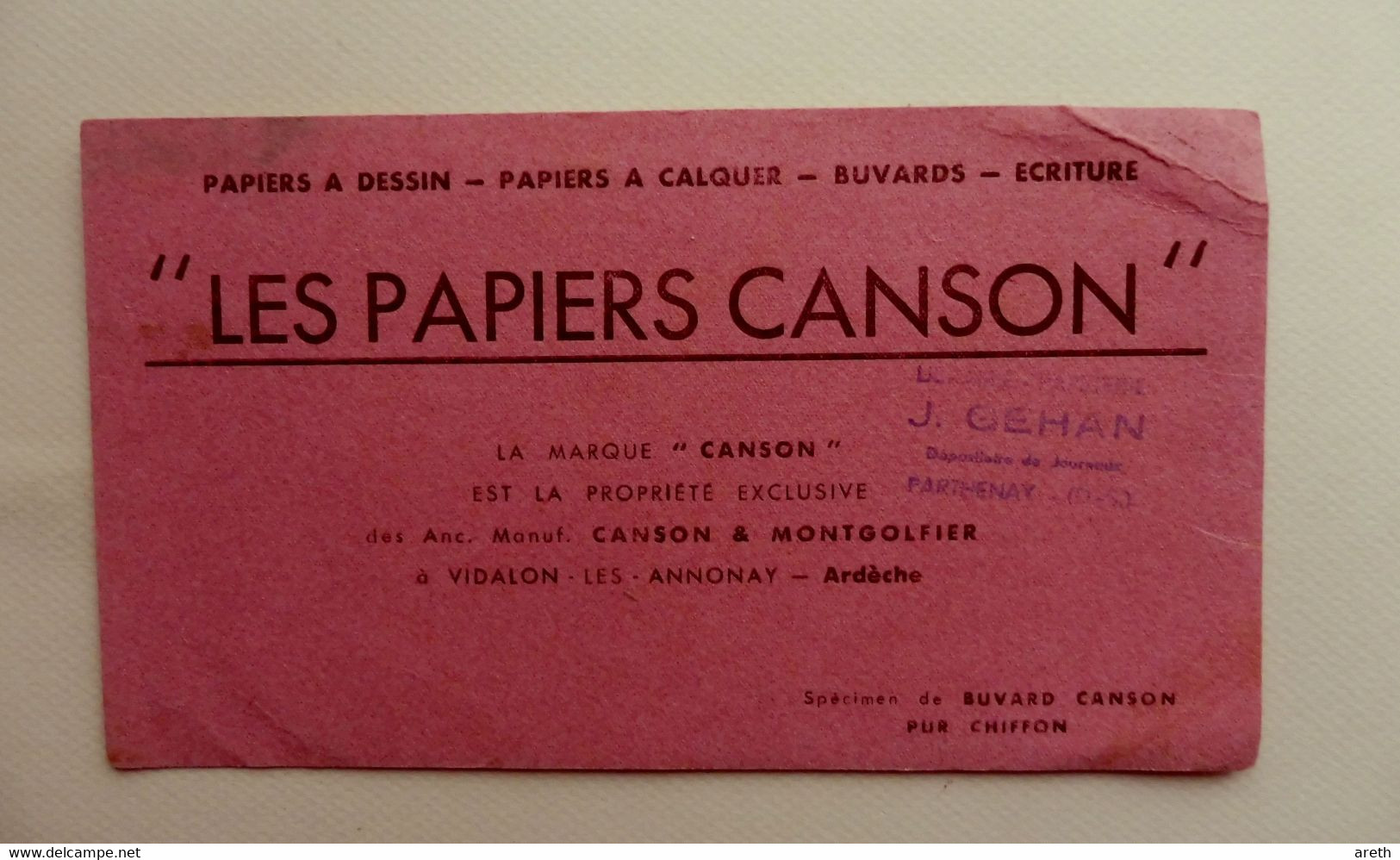 Ancien Buvard Publicitaire  " LES PAPIERS CANSON " - Cachet De La Librairie GEHAN à Parthenay ( Deux Sèvres) - Papeterie