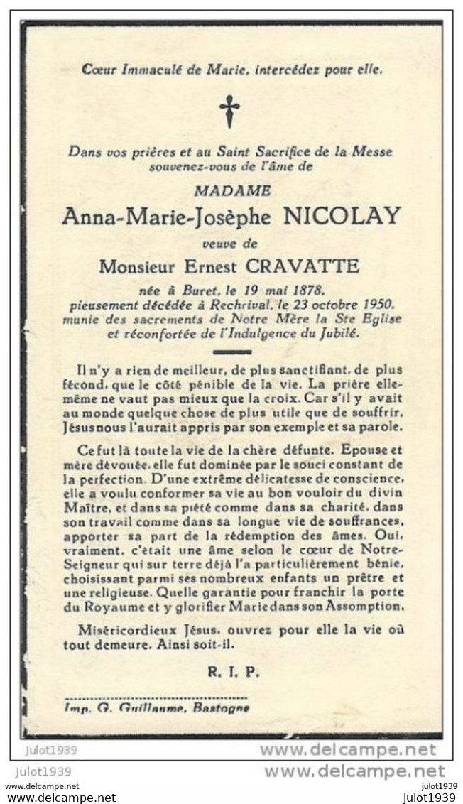 RECHRIVAL ..-- Mme Anna NICOLAY , Veuve De Mr Ernest CRAVATTE , Née à BURET En 1878 , Décédée En 1950 . - Sainte-Ode