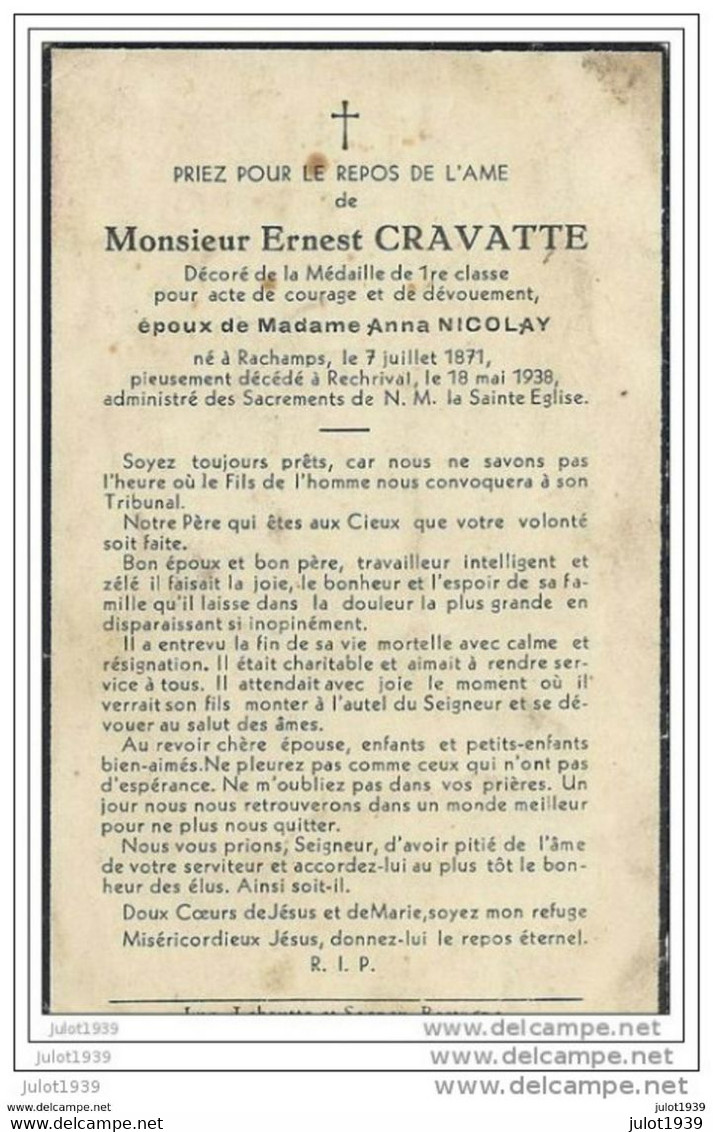 RECHRIVAL ..-- Mr Ernest CRAVATTE , époux De Mme Anna NICOLAY , Né à RACHAMPS En 1871 , Décédé En 1938 . - Sainte-Ode