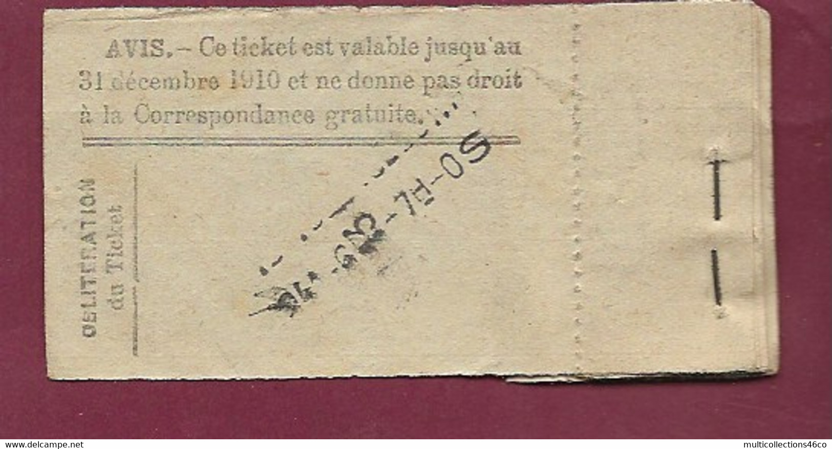 030121D - TICKET CHEMIN DE FER TRAM - Cie OTL Ticket Actionnaire Année 1910 10 Cent. 050760 Avec Souche - Europe