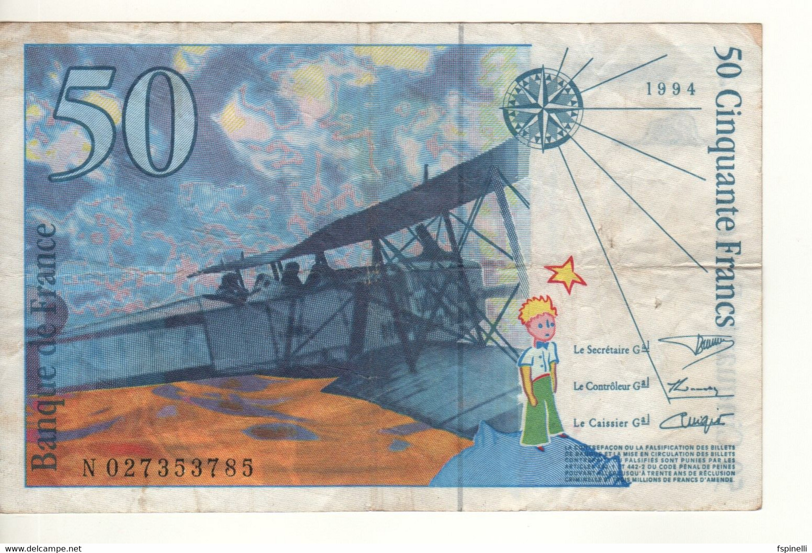 FRANCE   50 Francs    P157Aa   1994  (Antoine Marie Roger De Saint-Exupéry On Front -"Breguet 14" Biplane On Back ) - 50 F 1992-1999 ''St Exupéry''