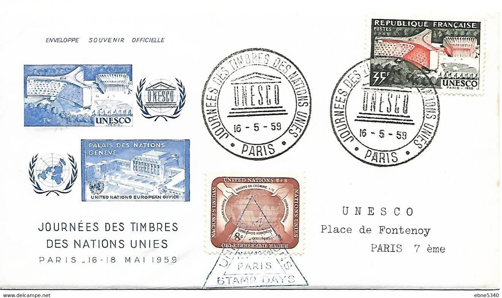 Journée Des Timbres Des Nations Unies Unesco Et Palais Des Nations à Genève 16.5.1959 N°637 - Otros & Sin Clasificación