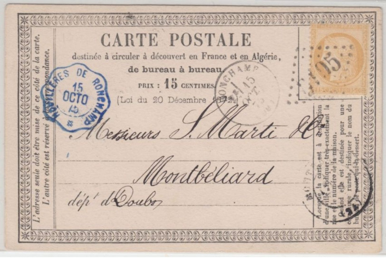 Frankreich - 15 C Ceres Carte Postales Houilleres De Ronchamp (blau !) 1875 N. - Other & Unclassified