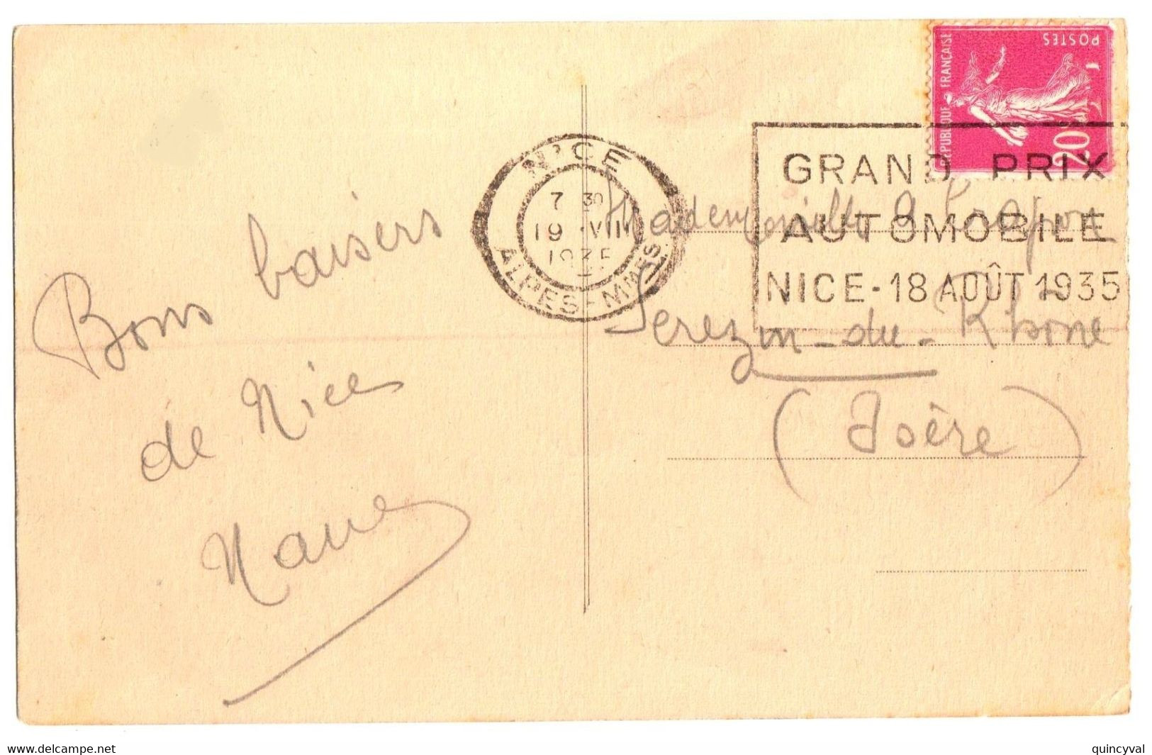 NICE Alpes Mar Carte Postale 20c Semeuse Yv 190 Ob Meca Frankers Grand Prix Automobile 18 Août 1935 Dreyfus NIC120 - Mechanische Stempels (reclame)