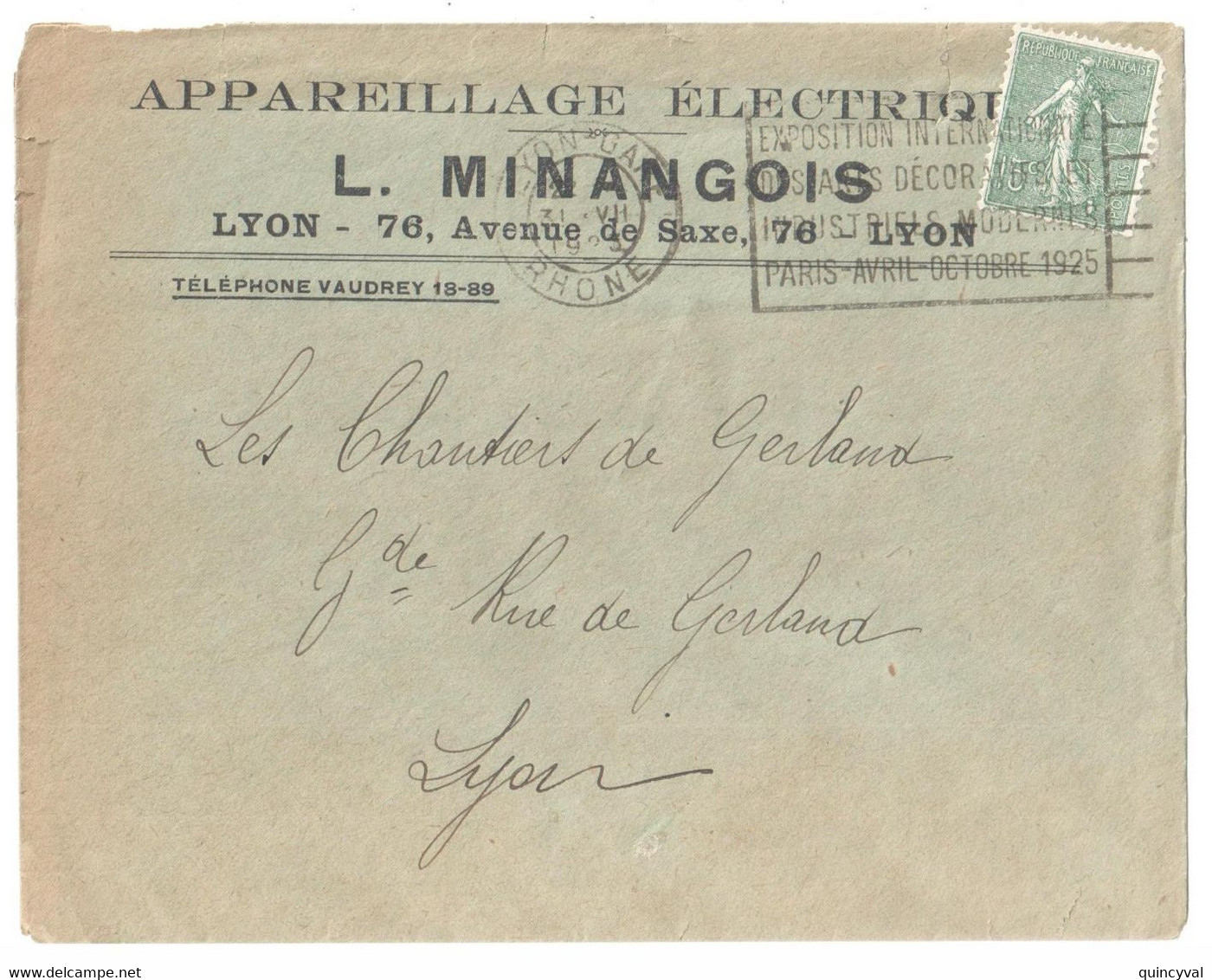 LYON Gare Lettre Entête Mangois 15c Semeuse Yv 130 Ob Méca Frankers Expo Arts Décoratifs Industriels 1925 Dreyfus LY0414 - Mechanische Stempels (reclame)