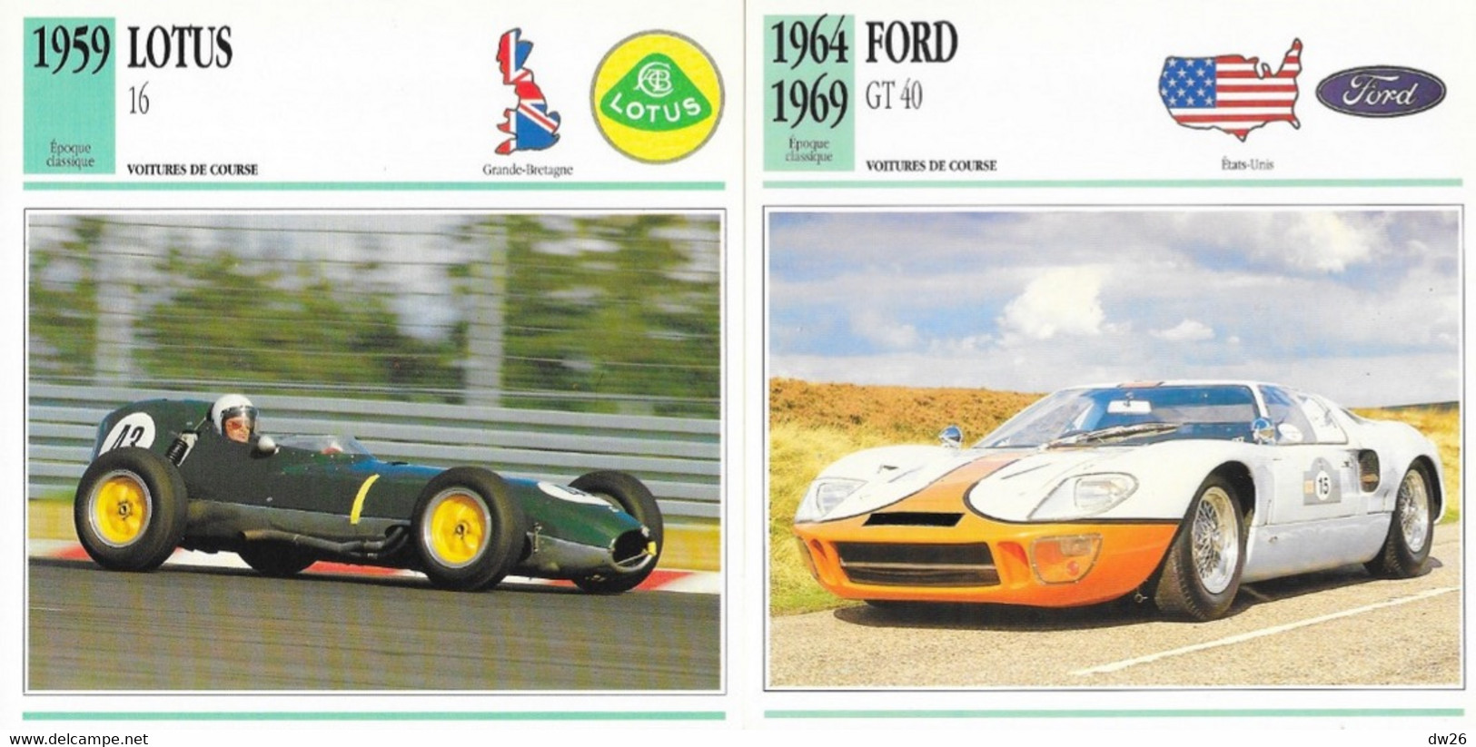 Fiche Voitures De Course: Epoque Classique 1951 à 1963 (Gordini, Aston Martin, Jaguar...) Lot De 14 Fiches - Coches