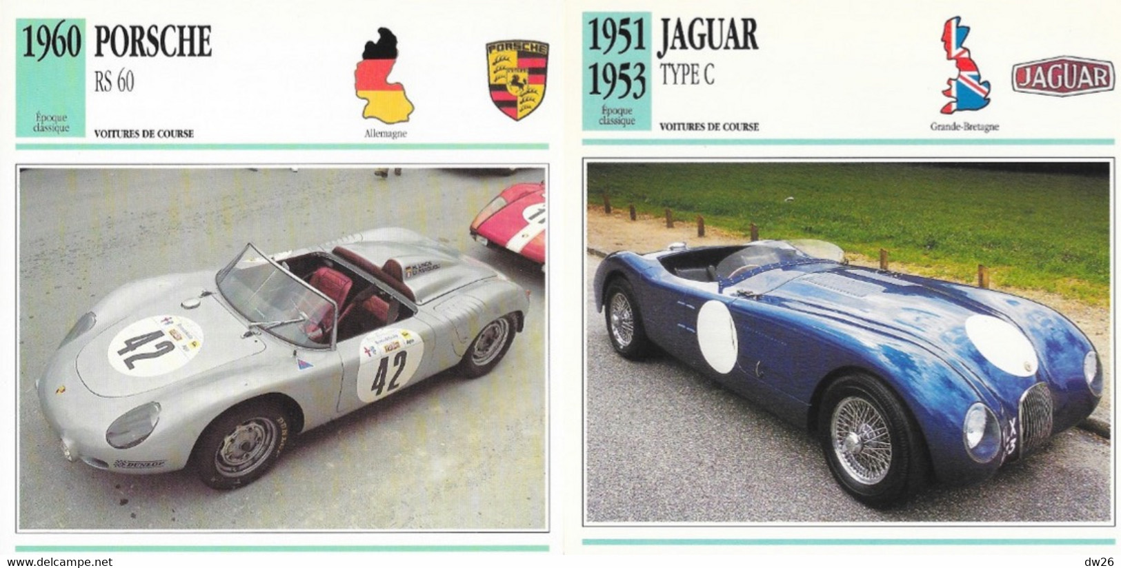 Fiche Voitures De Course: Epoque Classique 1951 à 1963 (Gordini, Aston Martin, Jaguar...) Lot De 14 Fiches - Cars