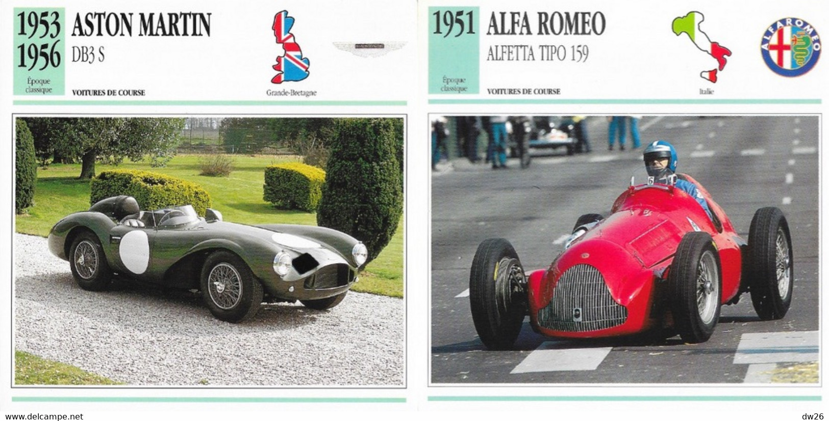 Fiche Voitures de Course: Epoque Classique 1951 à 1963 (Gordini, Aston Martin, Jaguar...) Lot de 14 fiches