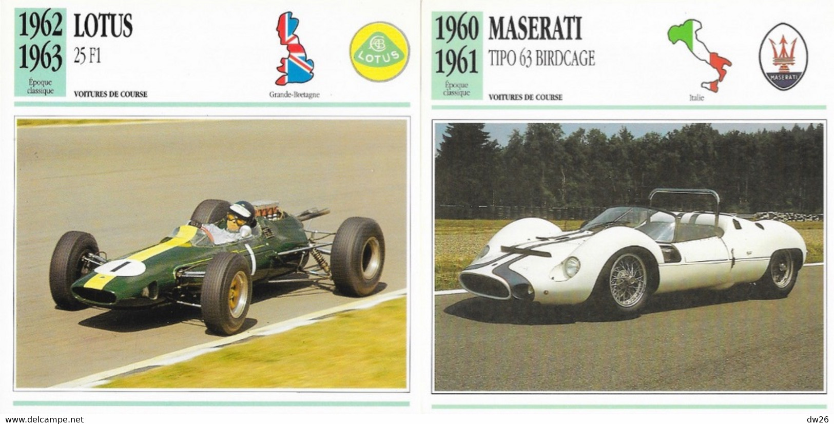 Fiche Voitures de Course: Epoque Classique 1951 à 1963 (Gordini, Aston Martin, Jaguar...) Lot de 14 fiches