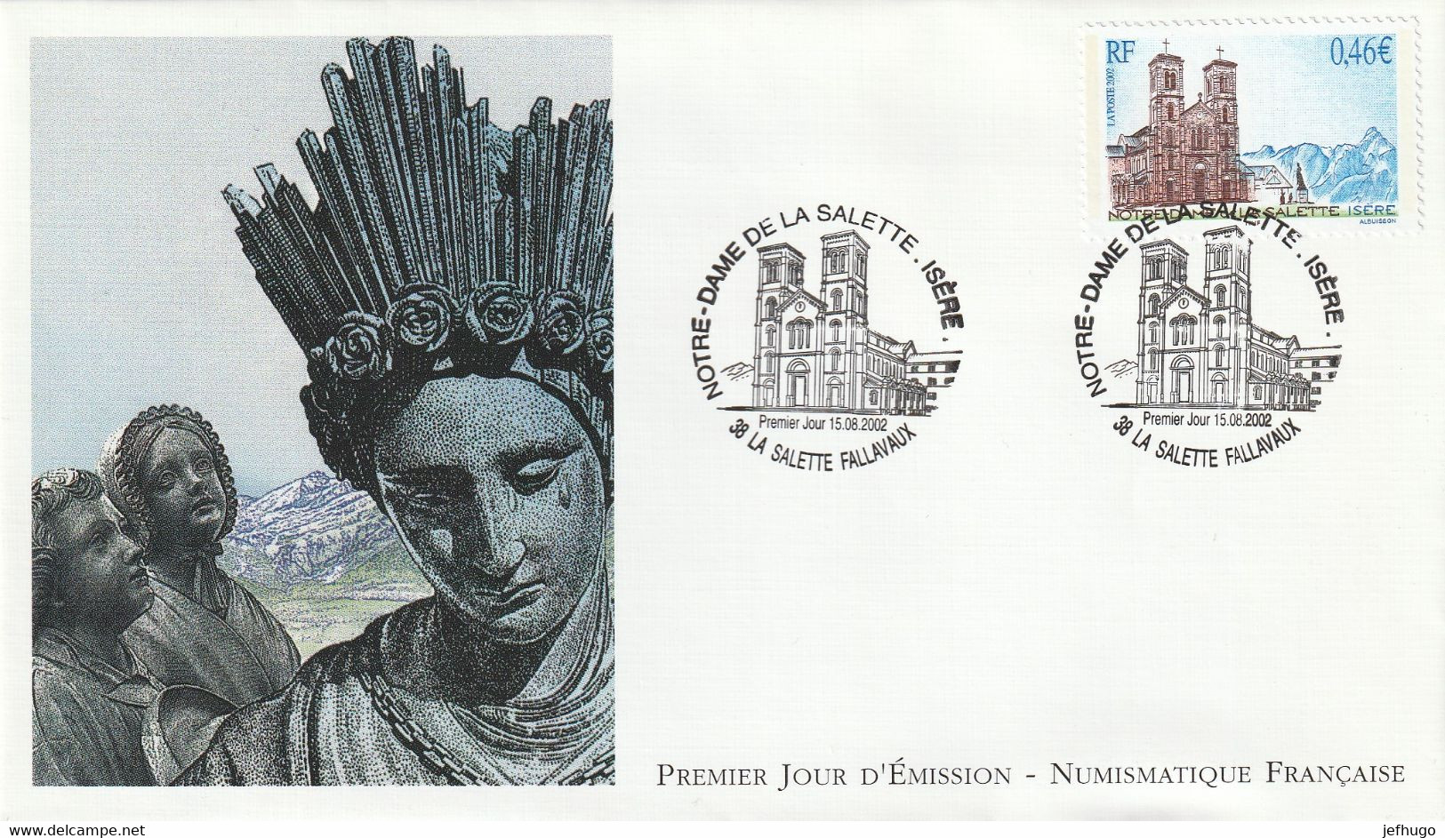 ENVELOPPE 1er JOUR . DU 15.08.2002 . NOTRE DAME DE LA SALETTE . CACHET 38 LA SALETTE FALLAVAUX - 2000-2009