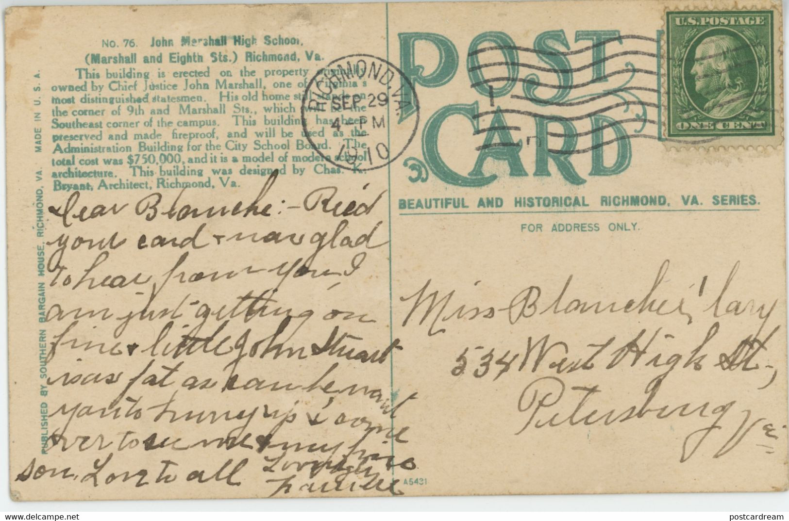 RICHMOND VA Virginia JOHN MARSHALL HIGH SCHOOL 1910 Postcard - Richmond