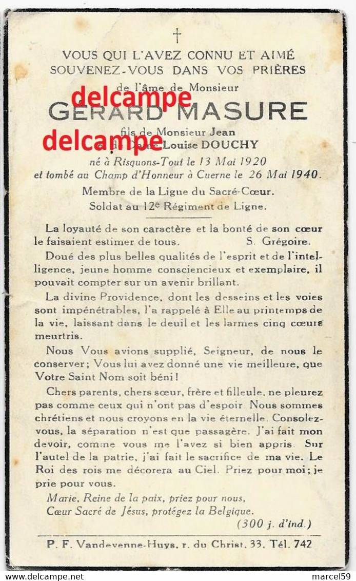 Oorlog GUERRE Gerard Masure Mouscron  Soldaat Gesneuveld Te Kuurne 26 MEI 1940 KORTRIJK Bissegem Heule - Imágenes Religiosas