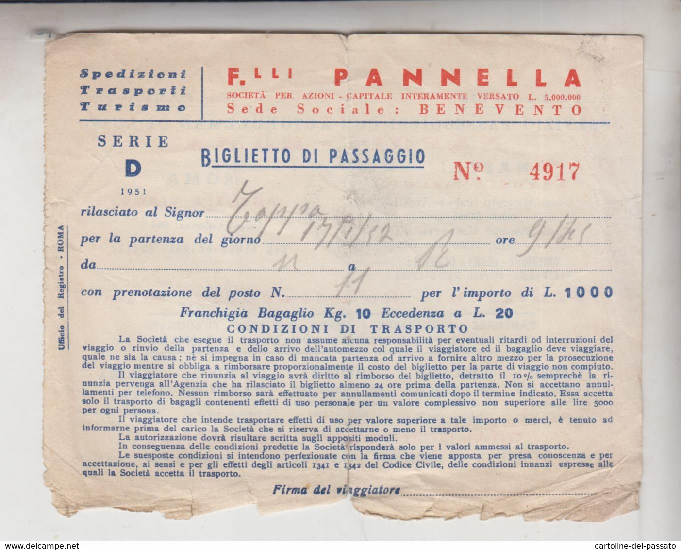 Ticket Buillet Biglietto Autobus Bus F.lli Pannella Benevento Pullman Roma Napoli Con Bollo Lire 18 - Europe