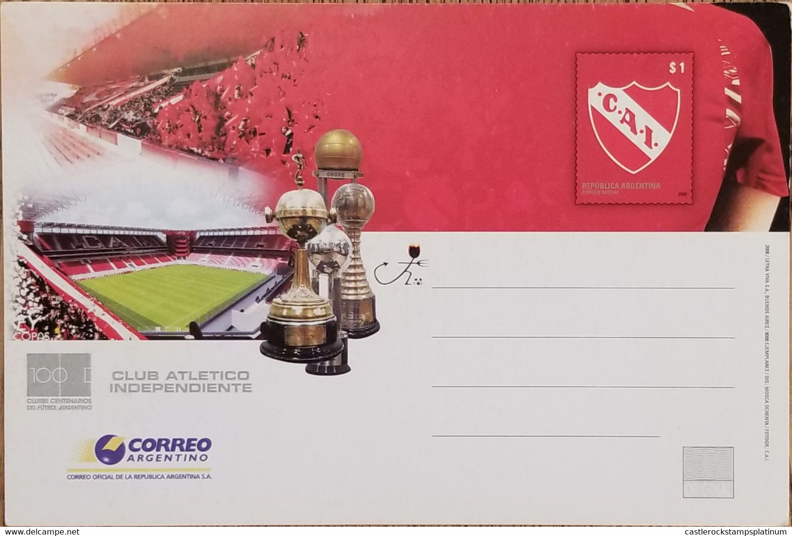 A) 2008, ARGENTINA, SOCCER, FOOTBALL, POSTAL STATIONARY, CLUB ATLETICO INDEPENDIENTE - Neufs