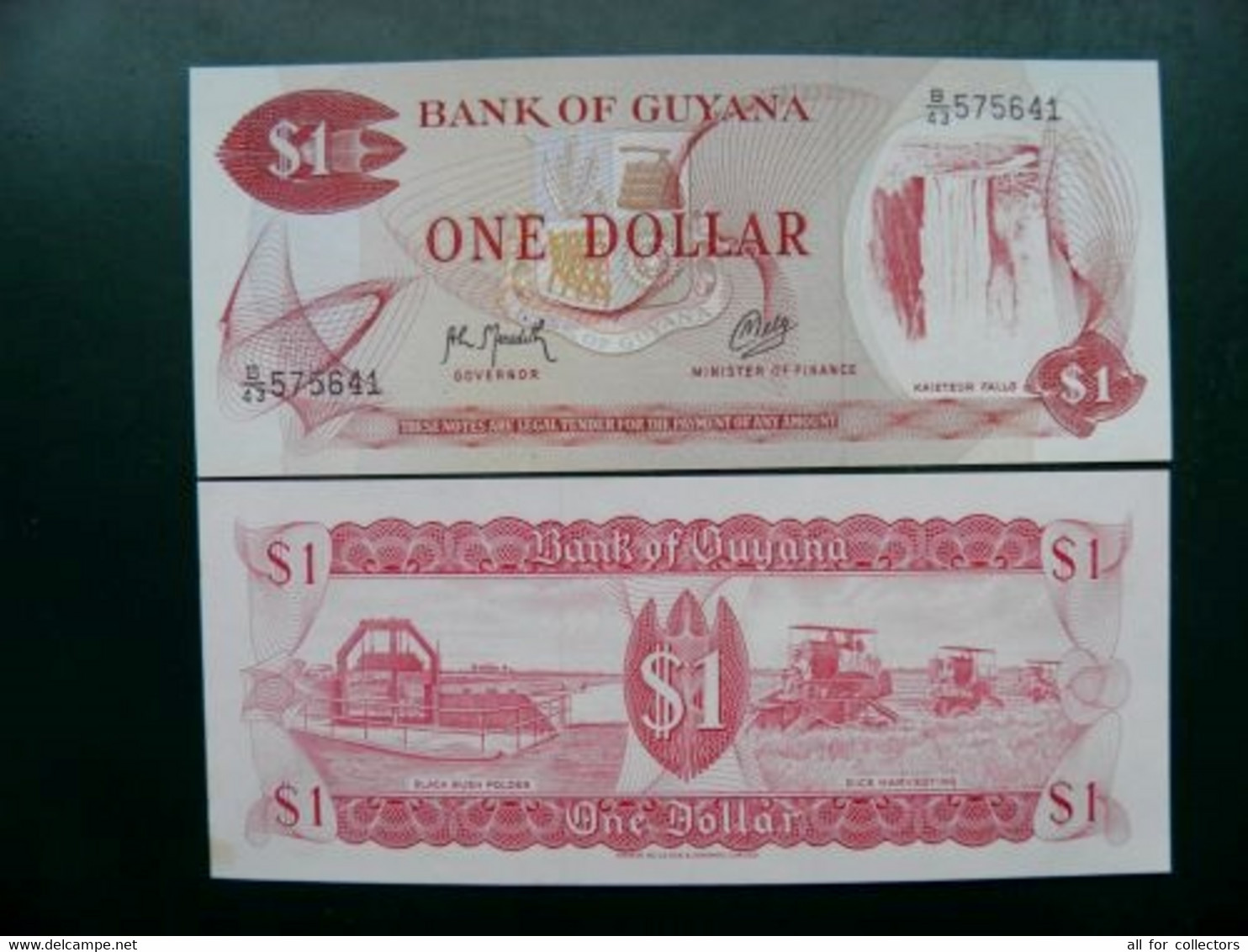 UNC Banknote Guyana P-21f B/8 $1 Dollar Waterfall Fall Agroculture Transport Combains Rice Harvesting - Guyana