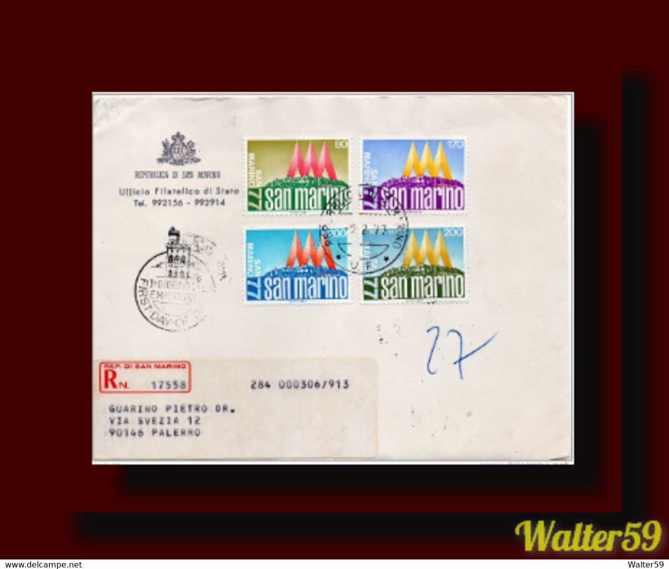 1977 Saint Marin Registered FDC 1er Jour Ersttag 100 Anniv. San Marino Stamps Cinderella Back 2scans - Other & Unclassified