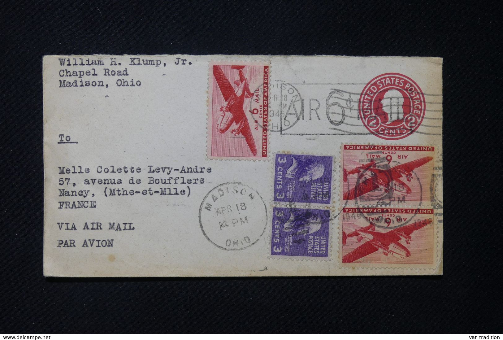 ETATS UNIS - Entier Postal + Compléments De Madison En 1946 Pour La France Par Avion - L 83737 - 1941-60