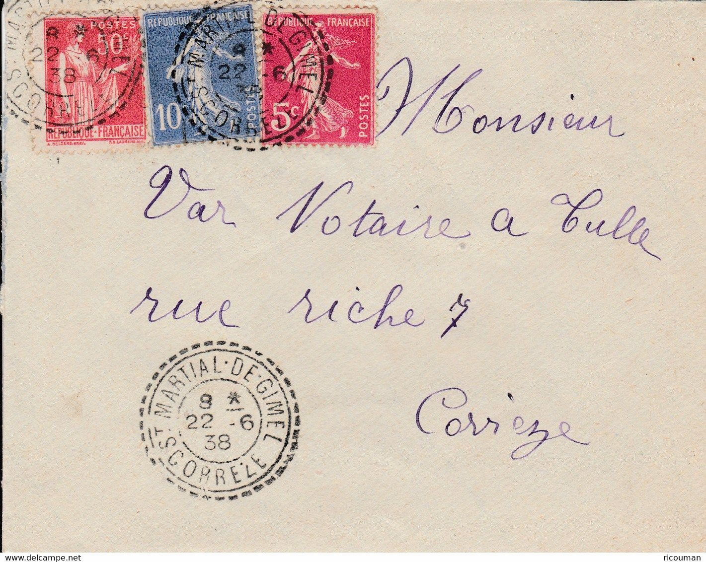 FRANCE LETTRE ST MARTIAL DE GIMEL CORREZE 1938 - Storia Postale