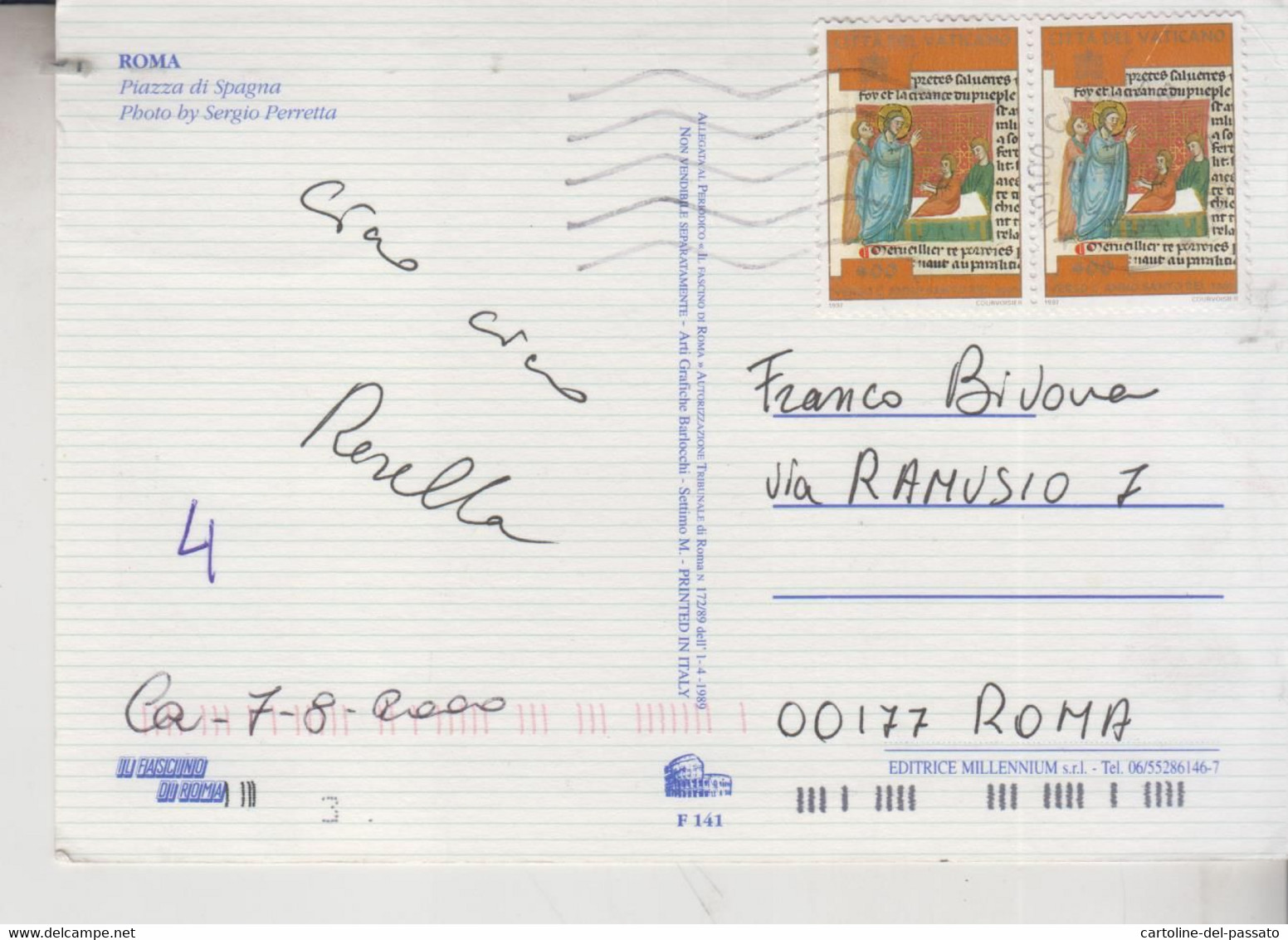 Vaticano 1992 Coppia Francobolli Lire 400 Verso L'anno Santo Del 2000 Su Cartolina Roma - Briefe U. Dokumente