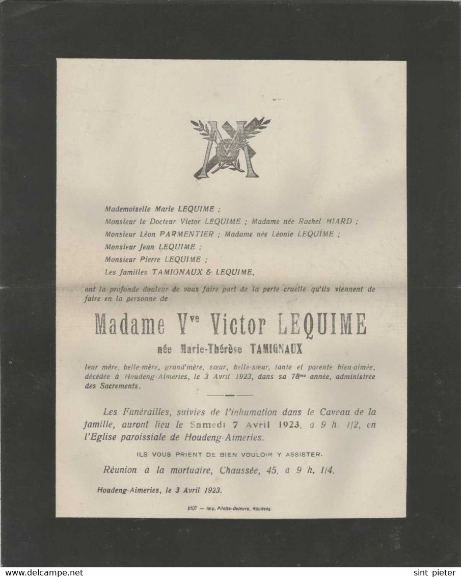 Lettre De Faire Part Madame Vve Victor Lequime (+Houdeng-Aimeries 1923) - Other & Unclassified