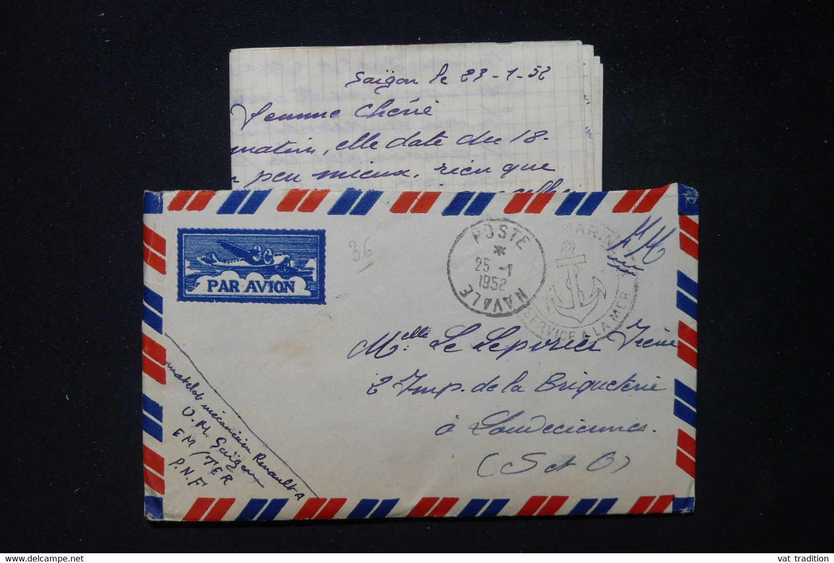 FRANCE - Enveloppe En FM Avec Contenu D'un Marin En Indochine En 1952 Pour La France - L 83830 - War Of Indo-China / Vietnam