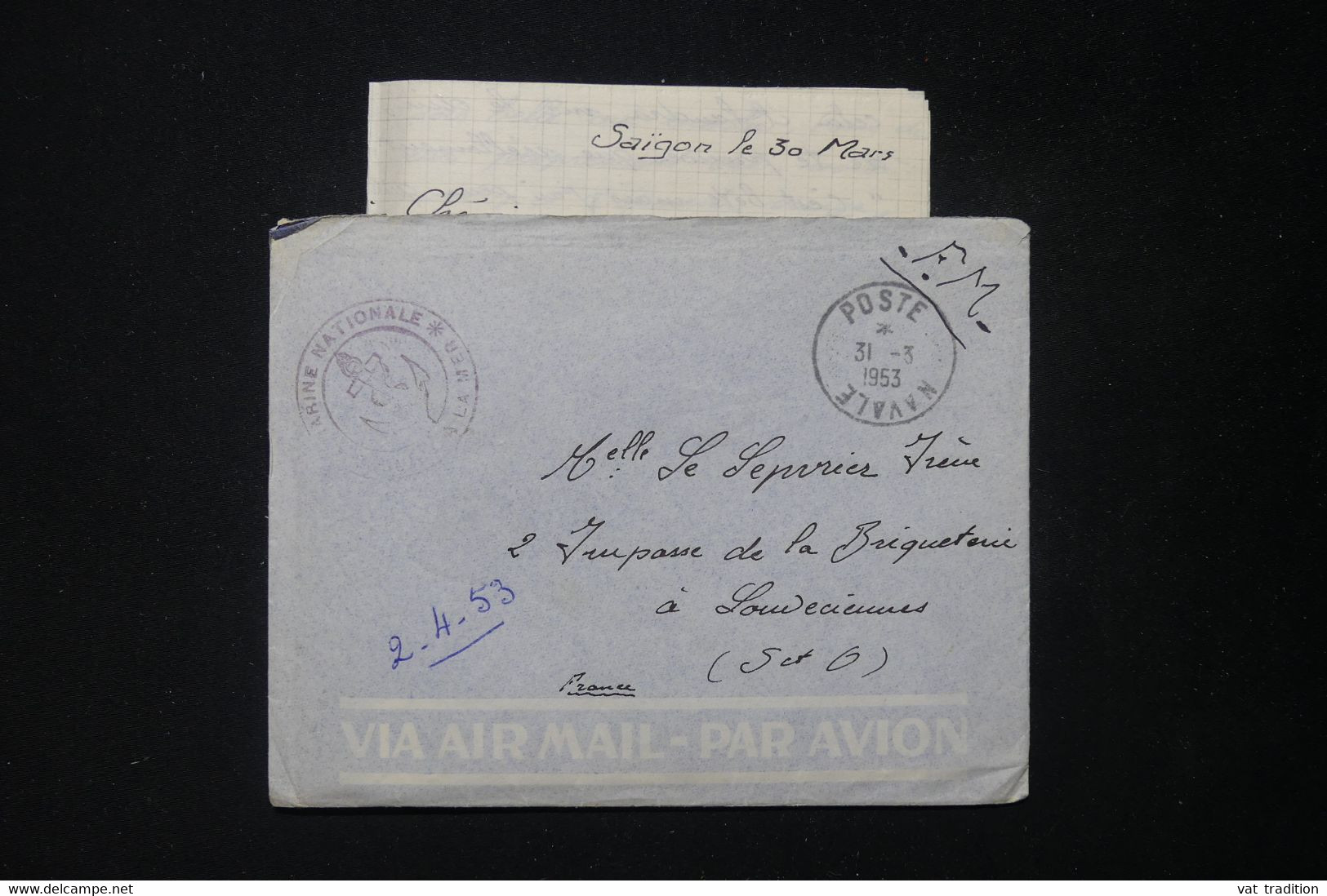 FRANCE - Enveloppe En FM Avec Contenu D'un Marin En Indochine En 1953 Pour La France - L 83832 - Vietnamkrieg/Indochinakrieg