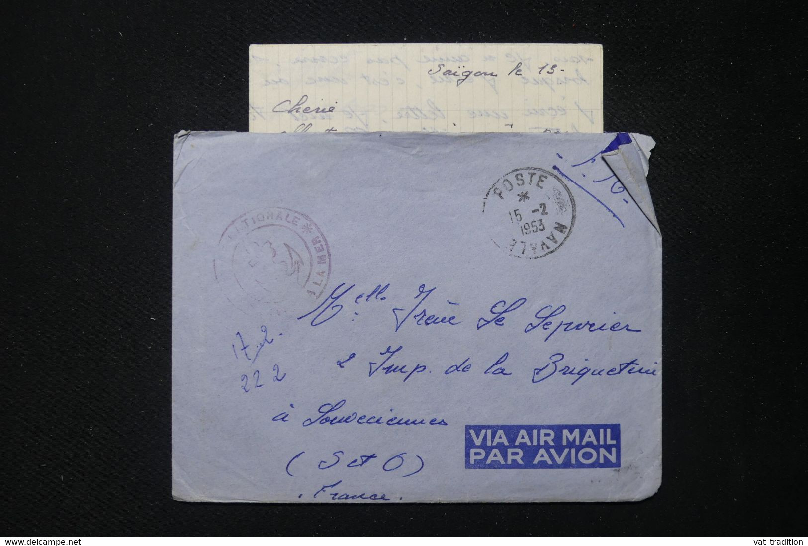 FRANCE - Enveloppe En FM Avec Contenu D'un Marin En Indochine En 1953 Pour La France - L 83833 - Vietnamkrieg/Indochinakrieg