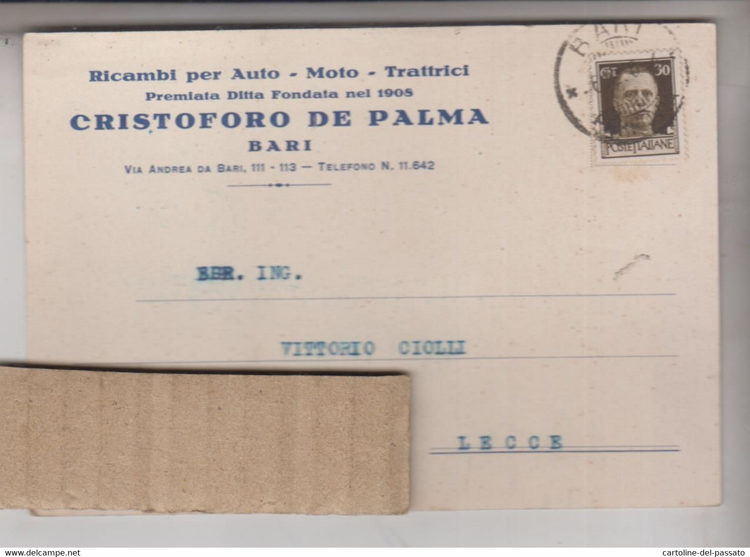 BARI STORIA POSTALE PUBBLICITARIA C. DE PALMA  AUTO MOTO 1936 - Bari