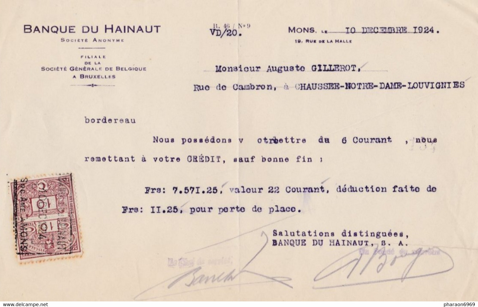 Timbre Fiscal Banque Du Hainaut Mons - Documents