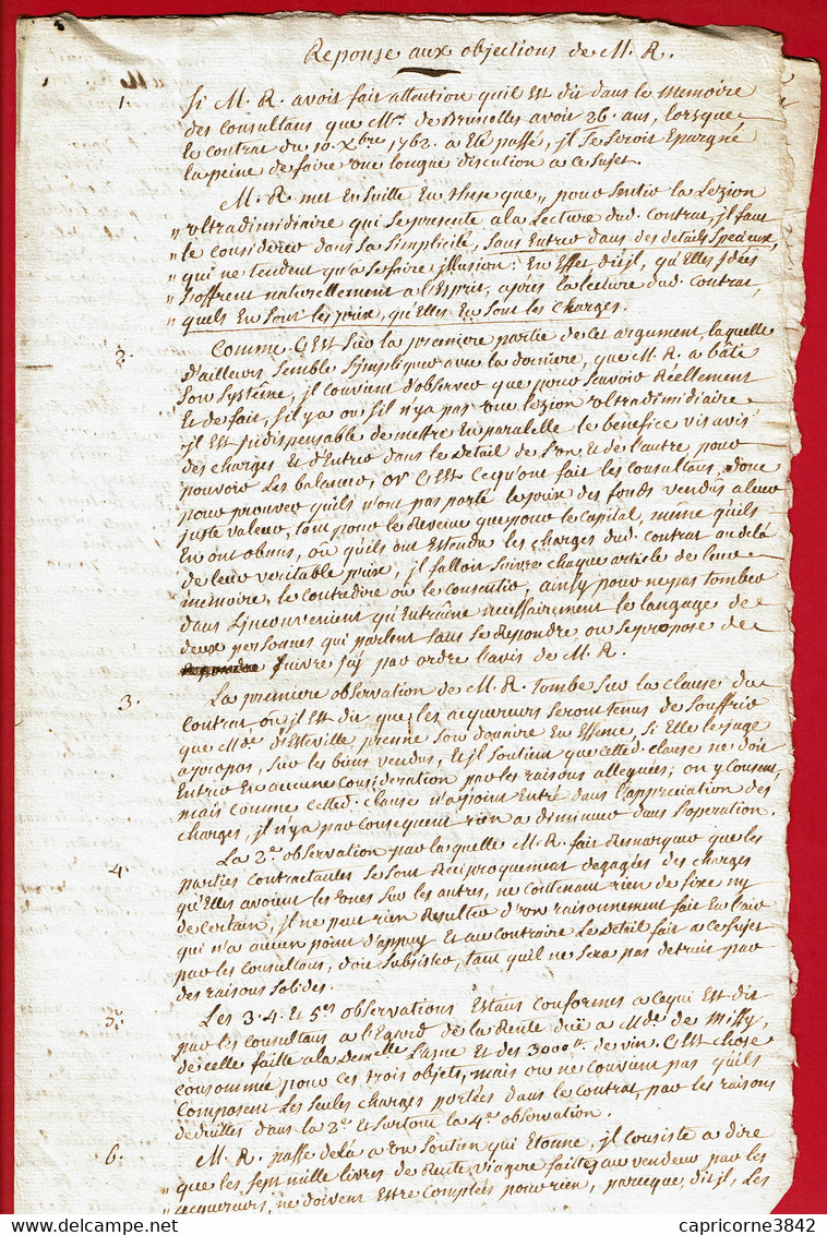 1762 - Litiges Sur Un Contrat - Réponse Aux Objections De La Partie Adverse - Manuskripte