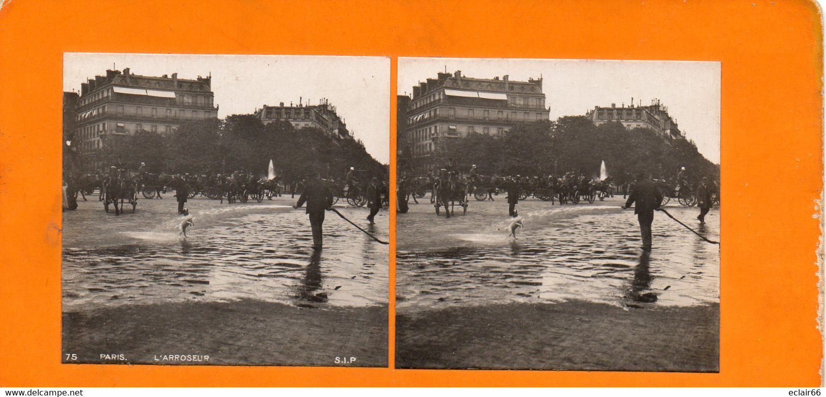PHOTO STÉRÉOSCOPIQUE -Paris, Métiers L'arroseur,année 1920  Collection ANIMATION  N° 75 S.I.P - Stereoscopio