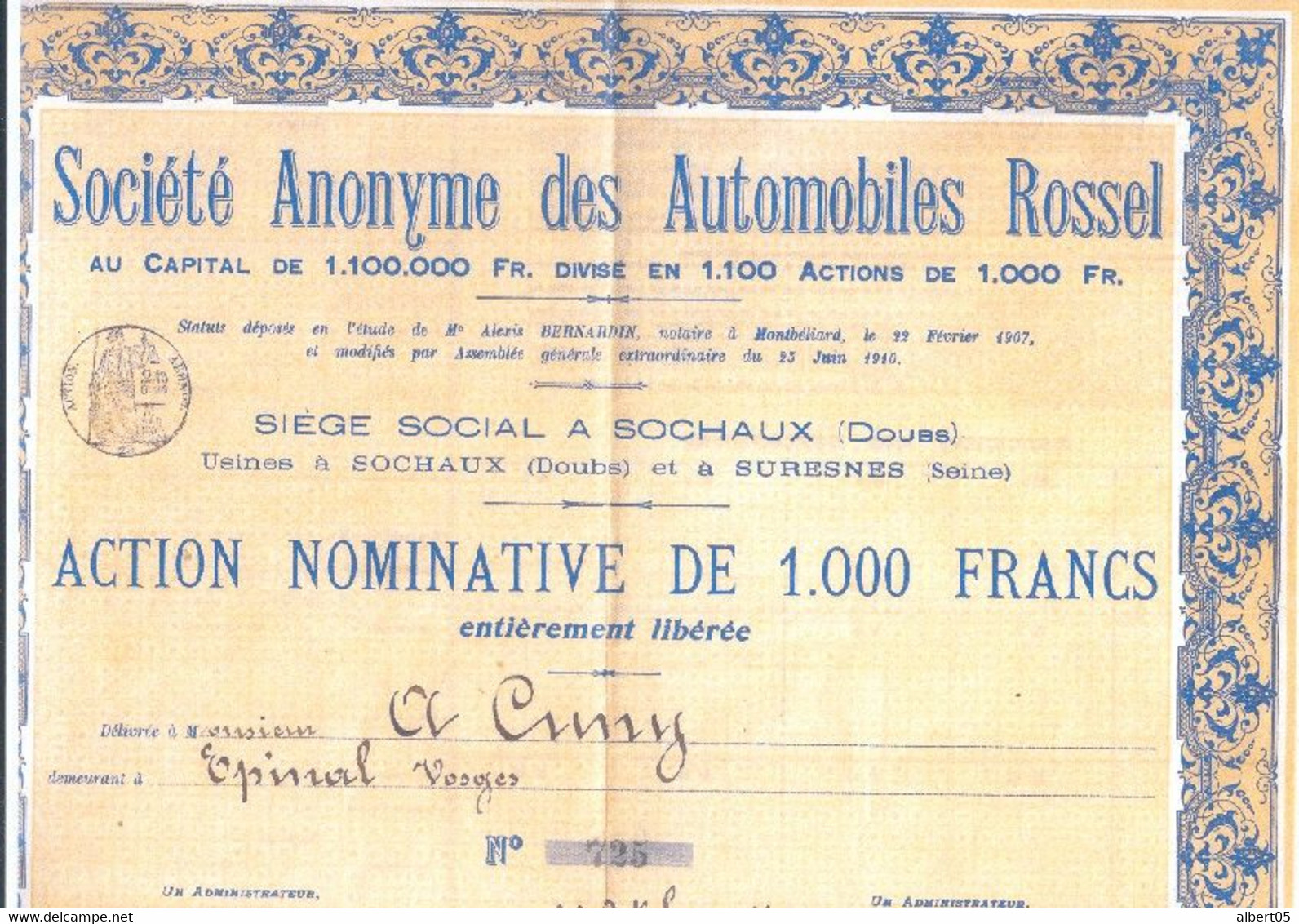 Automobiles Rossel  Action Nominative De 1000 Francs ( Reproduction ) Usines De Sochaux ( Doubs ) Et De Suresnes ( Seine - Cars