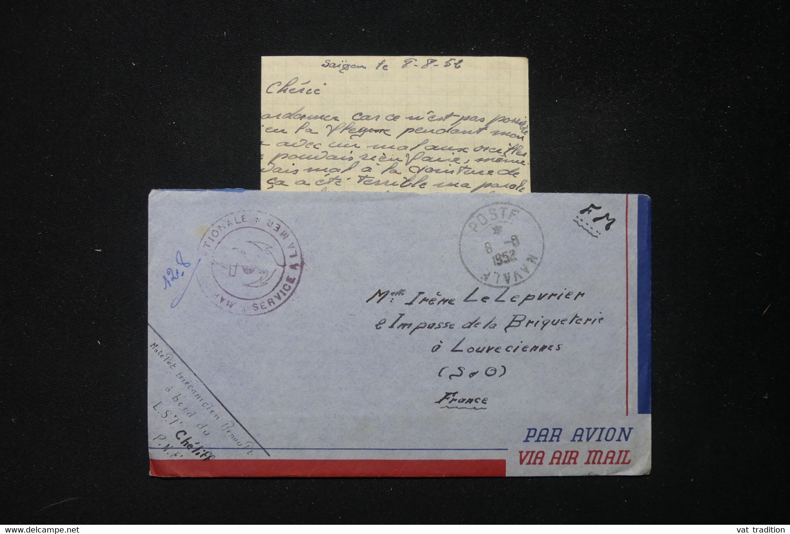 FRANCE / INDOCHINE - Enveloppe Avec Contenu D'un Marin En Indochine En 1952 Pour La France - L 83851 - Guerre D'Indochine / Viêt-Nam