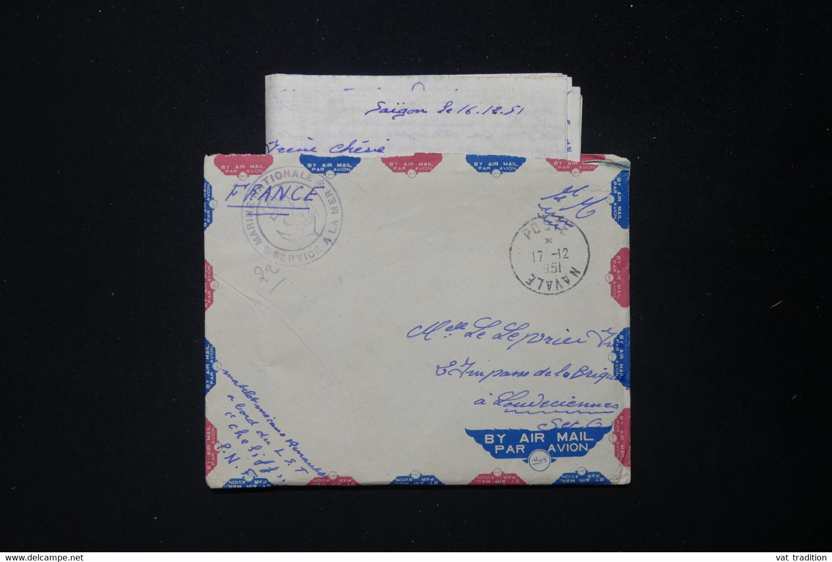 FRANCE - Enveloppe Avec Contenu D'un Marin En Indochine Pour La France En 1951 - L 83868 - War Of Indo-China / Vietnam