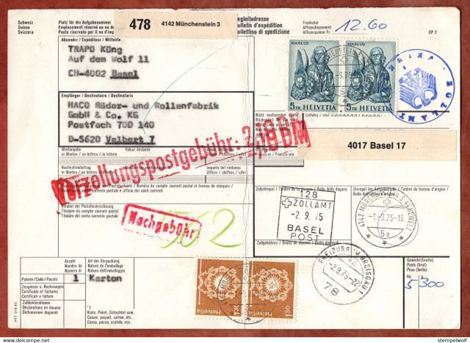 Paketkarte, Marcus U.a., Muenchenstein Ueber Basel Freiburg Nach Velbert 1975 (2705) - Briefe U. Dokumente