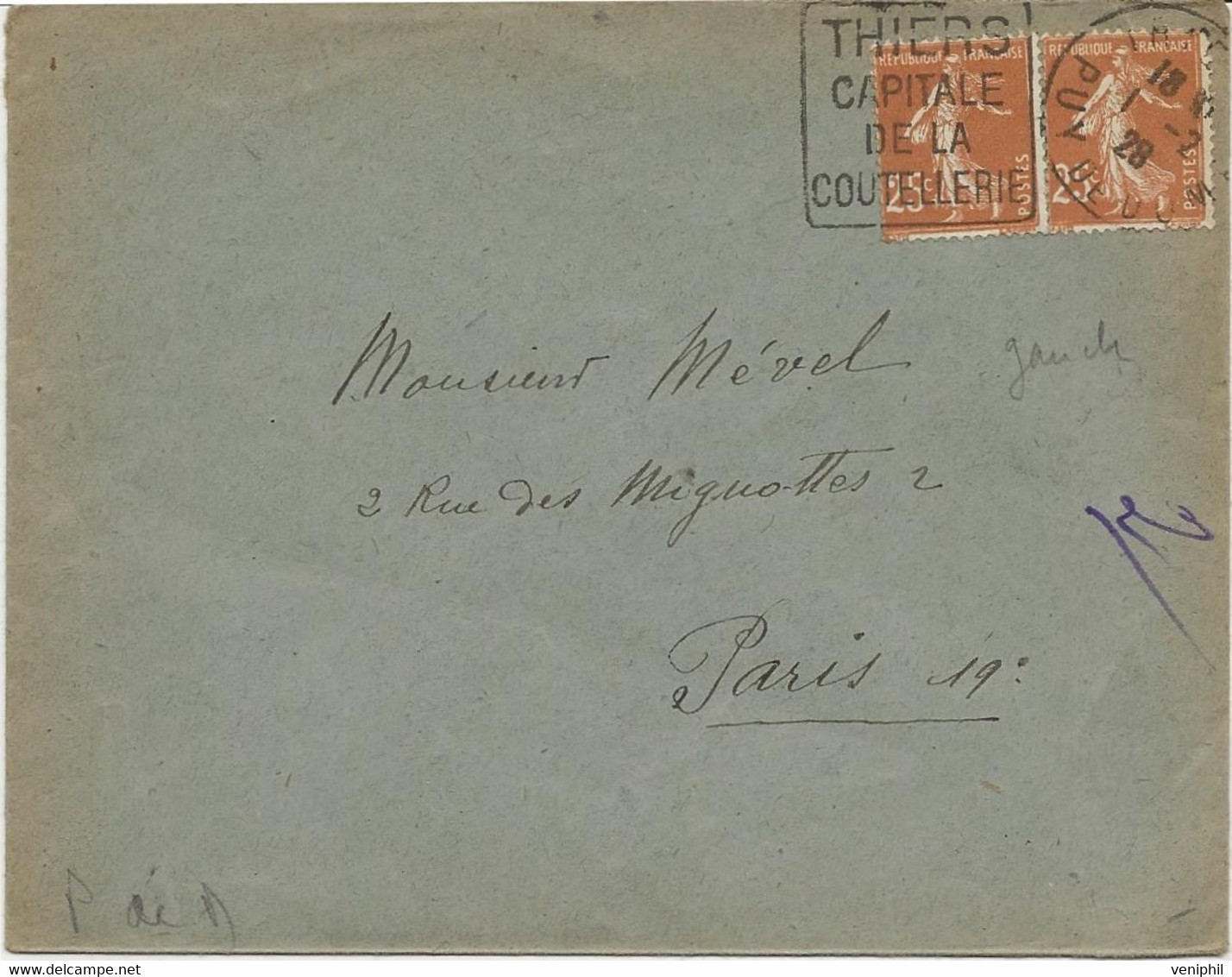 LETTRE OBLITERATIN DAGUIN "  THIERS CAPITALE DE LA COUTELLERIE  -1928 - Mechanical Postmarks (Other)