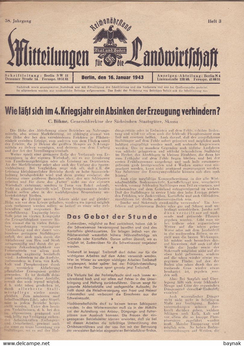 DEUTSCHLAND --  WW2  --  MITTEILUNGEN FUR DIE LANDWIRTSCHAFT  --  Nr. 3  --  JANUAR 1943  --  BLUT UND BODEN - Allemand