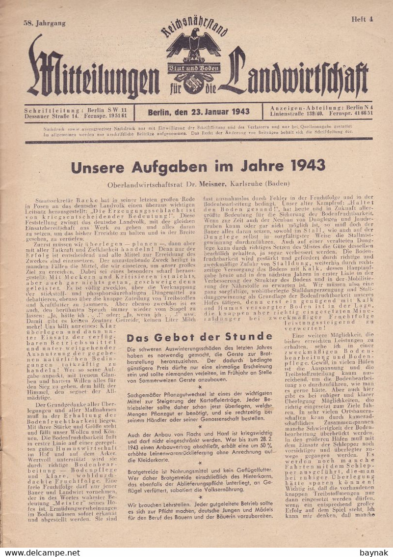 DEUTSCHLAND --  WW2  --  MITTEILUNGEN FUR DIE LANDWIRTSCHAFT  --  Nr. 4  --  JANUAR 1943  --  BLUT UND BODEN - Duits