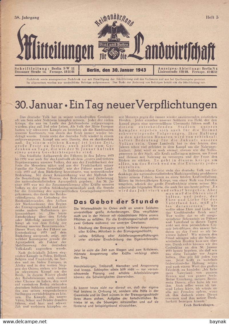 DEUTSCHLAND --  WW2  --  MITTEILUNGEN FUR DIE LANDWIRTSCHAFT  --  Nr. 5  --  JANUAR 1943  --  BLUT UND BODEN - German