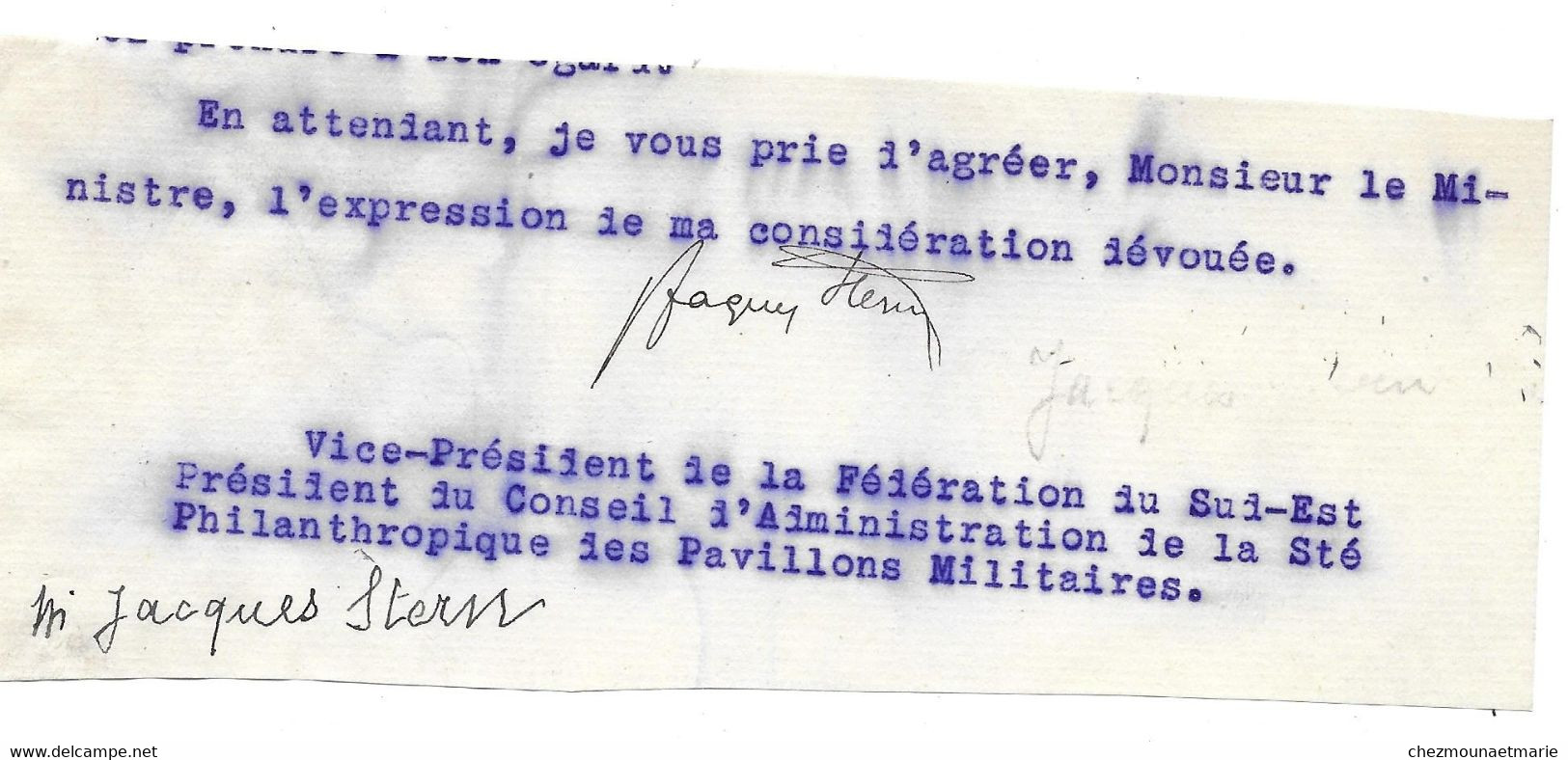 JACQUES STERN PSDT SOCIETE PHILANTHROPIQUE PAVILLONS MILITAIRES - AUTOGRAPHE SIGNATURE SUR FRAGMENT - Sonstige & Ohne Zuordnung