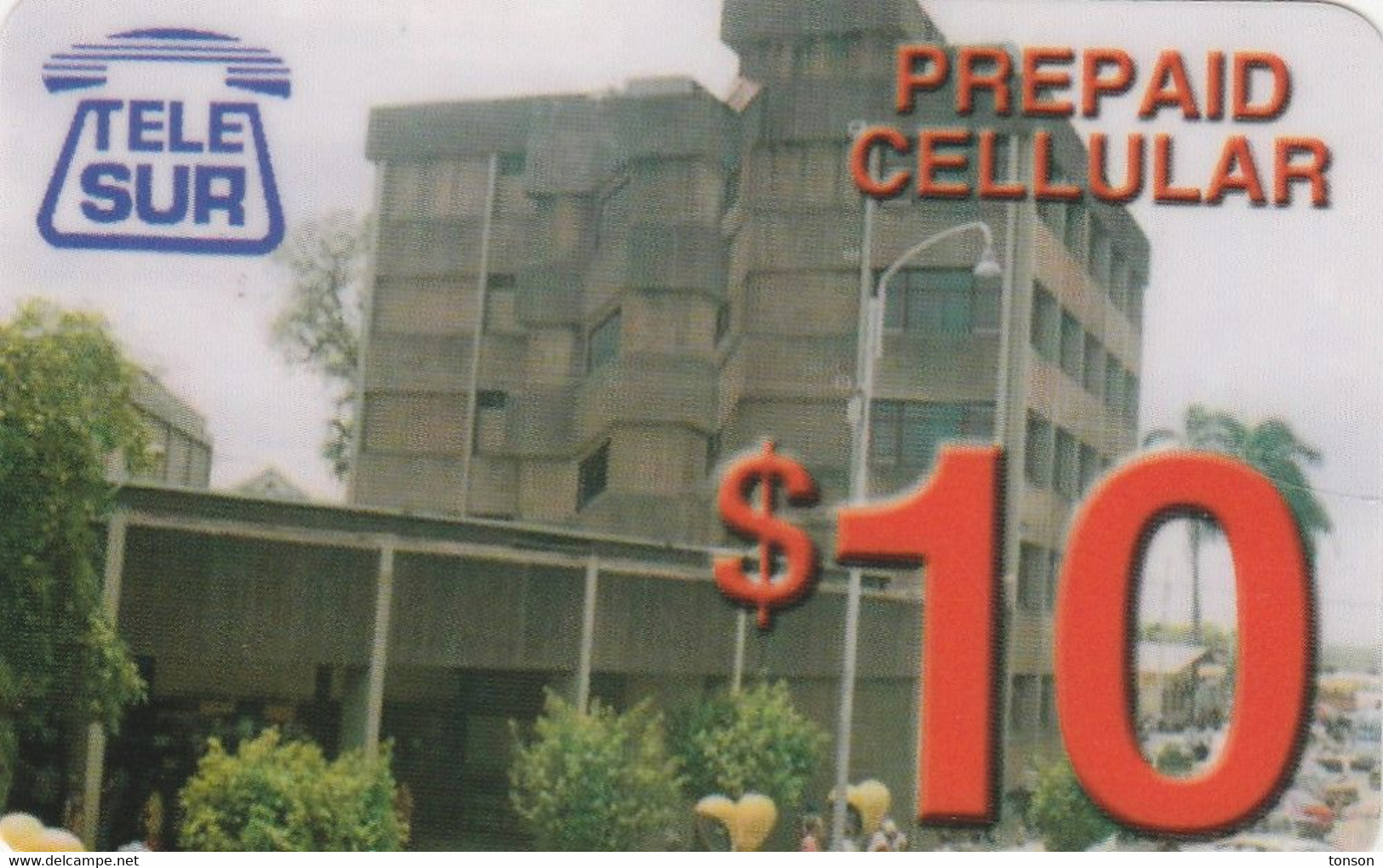 Surinam, $10, Telesur, Prepaid Celluar Card, Building, 2 Scans.   Different Back - Surinam