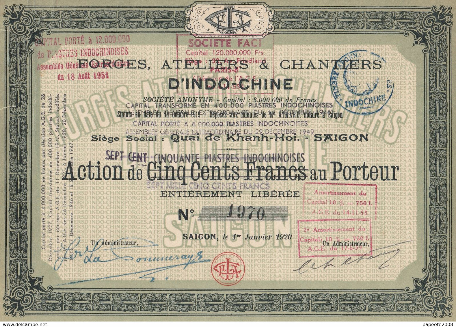 Cochinchine - SA Forges, Ateliers Et Chantiers D'Indo-Chine - Action De 500 F / 1920 - Asia