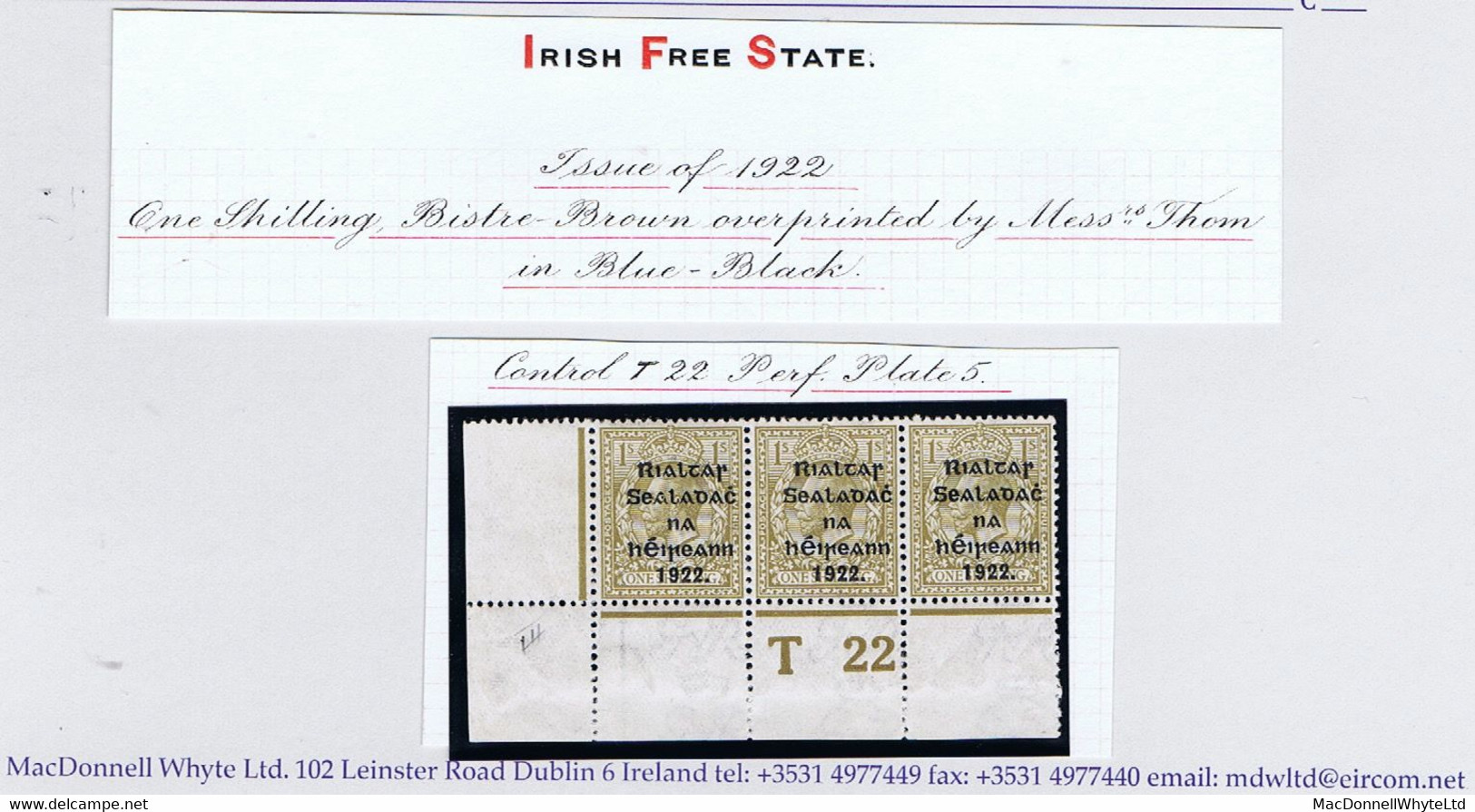 Ireland 1922 Thom Rialtas Blue-black Ovpt 1s Bistre-brown Control T22 Perf Corner Strip 3 Plate 5 Mint Ex Field - Neufs